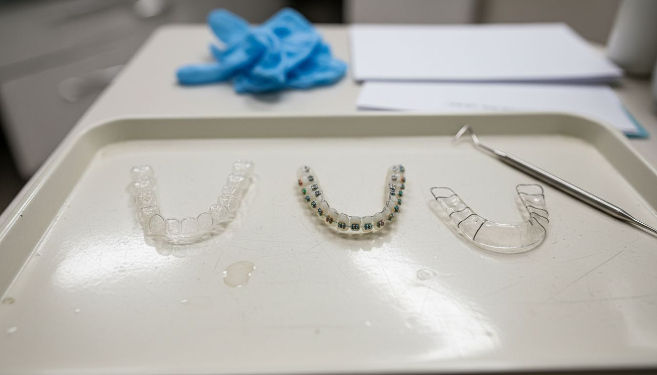 Diferite tipuri de aparate ortodontice pregătite pe tava din cabinet