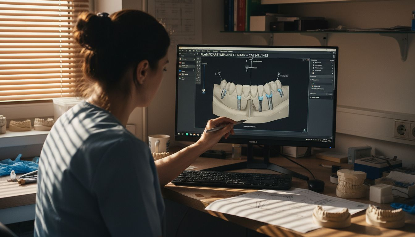 Tehnicianul analizează pe calculator planul pentru implantul dentar, asigurându-se că toate detaliile corespund nevoilor pacientului.