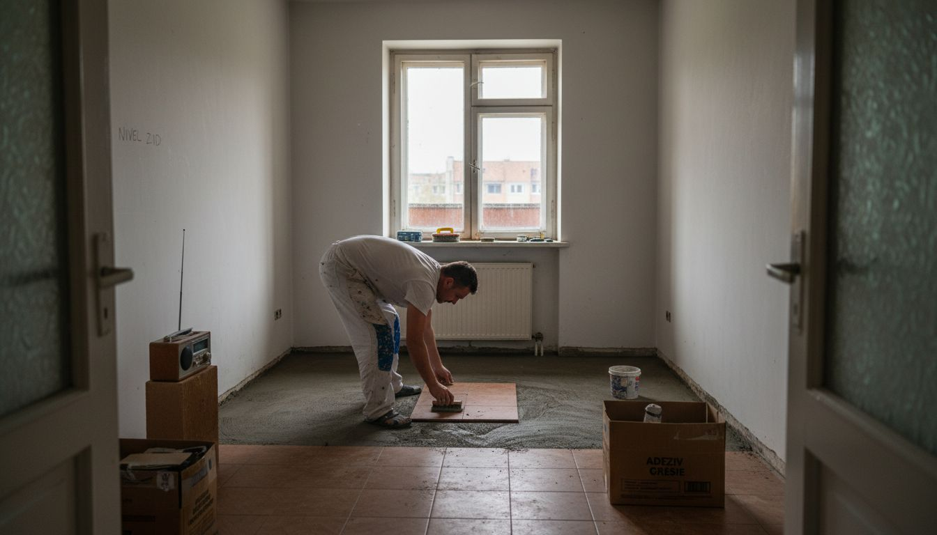 Un meseriaș pune gresie nouă într-un dormitor vechi, dând astfel încăperii un aer proaspăt.