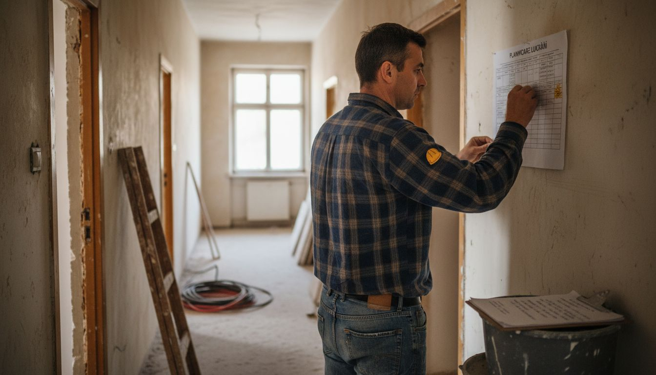 Managerul de șantier actualizează graficul de lucrări direct pe panoul de pe perete.