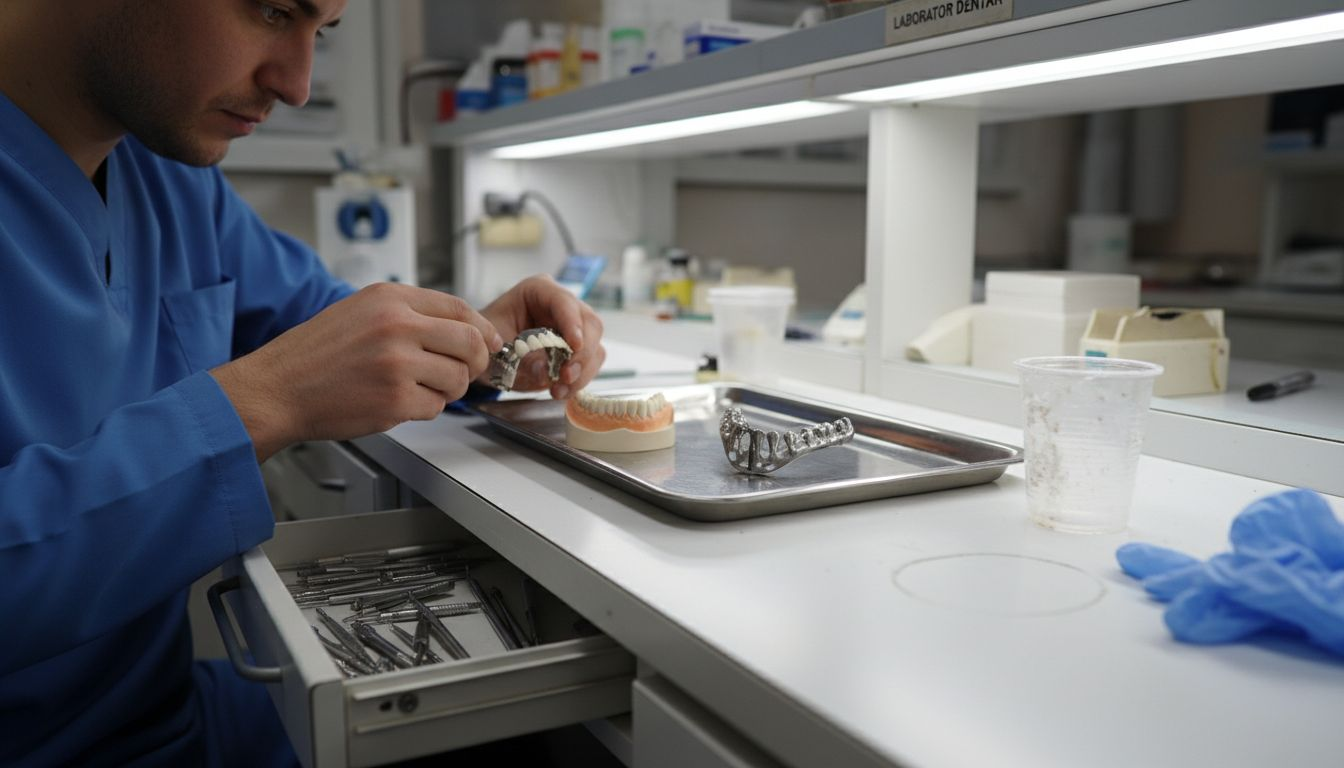 Protetica Dentară: Soluții Personalizate pentru Zâmbetul Tău 1 Tehnician dentar care analizează și compară diferite tipuri de lucrări protetice