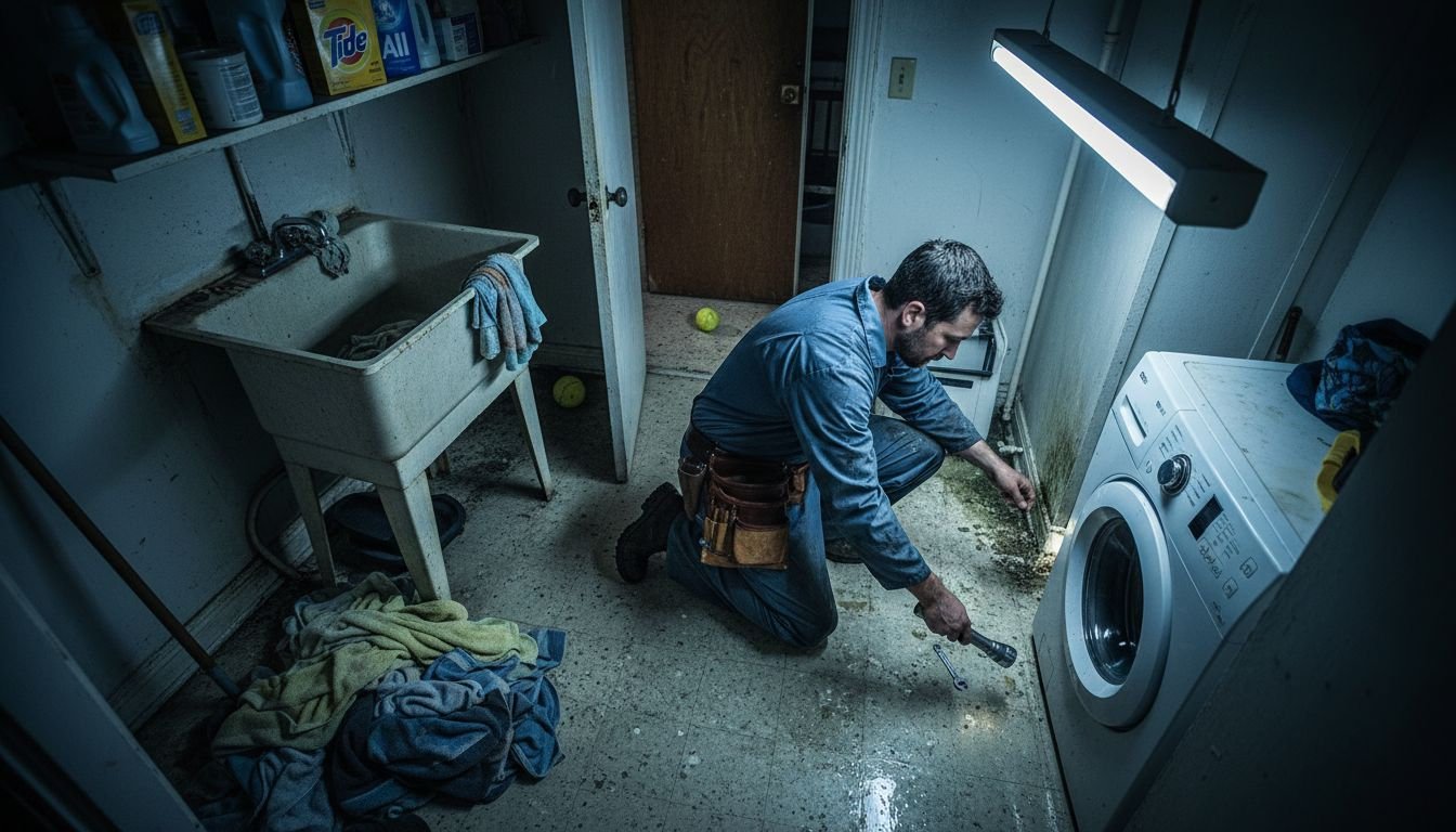 Plumber inspecting laundry room water leak