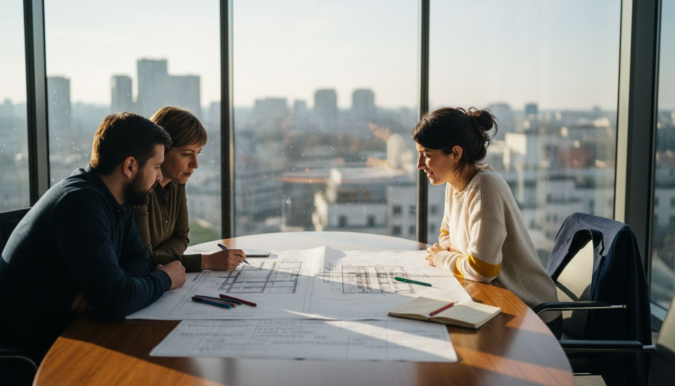 Consultantul în construcții analizează proiectele împreună cu echipa, în cadrul unei ședințe.