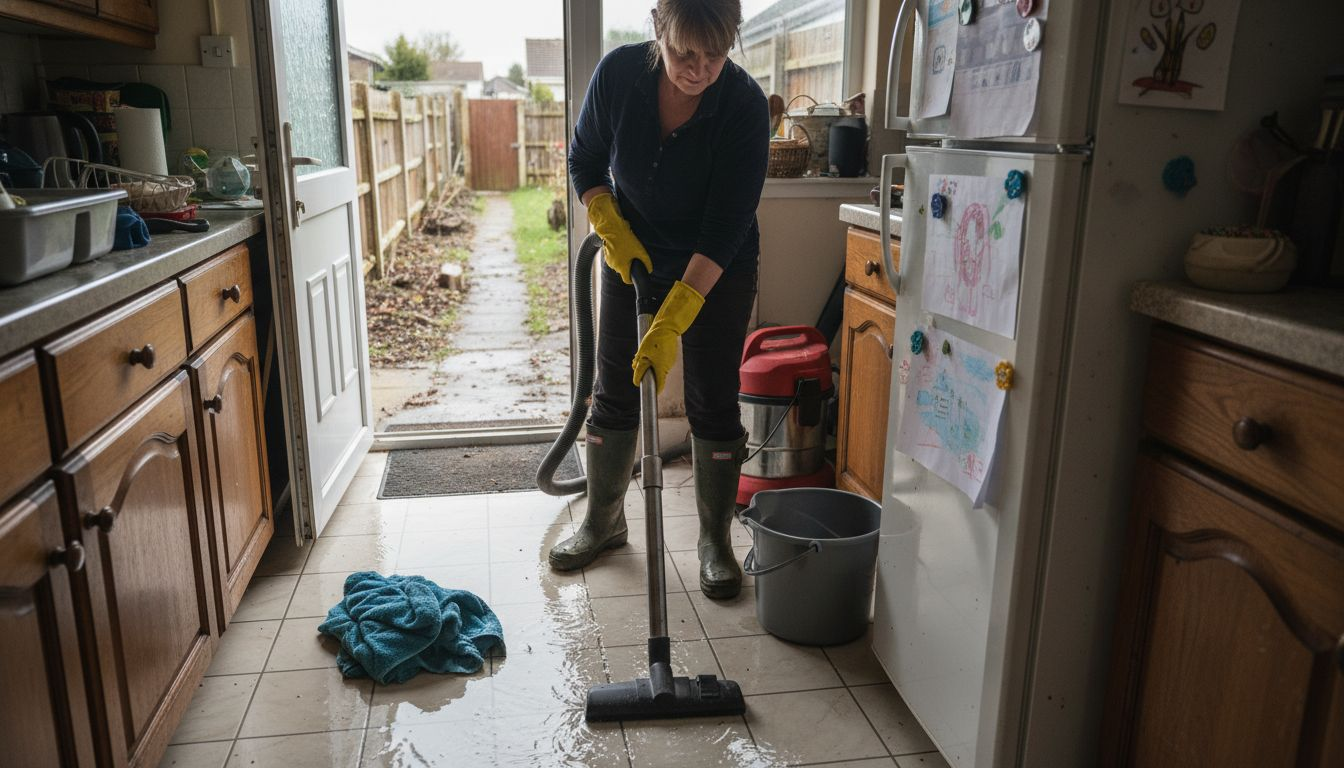 Person using wet vacuum in flood-damaged kitchen