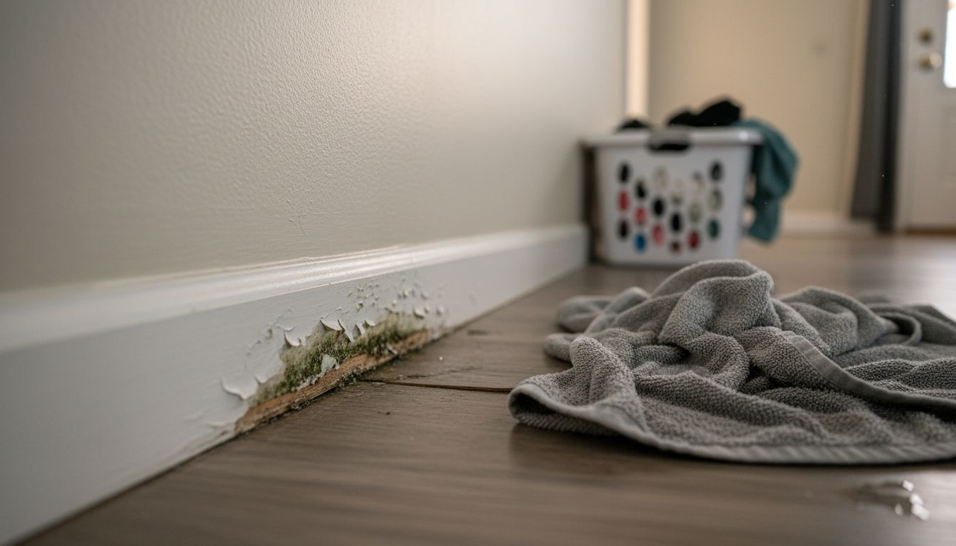 Close-up of baseboard water damage and mold