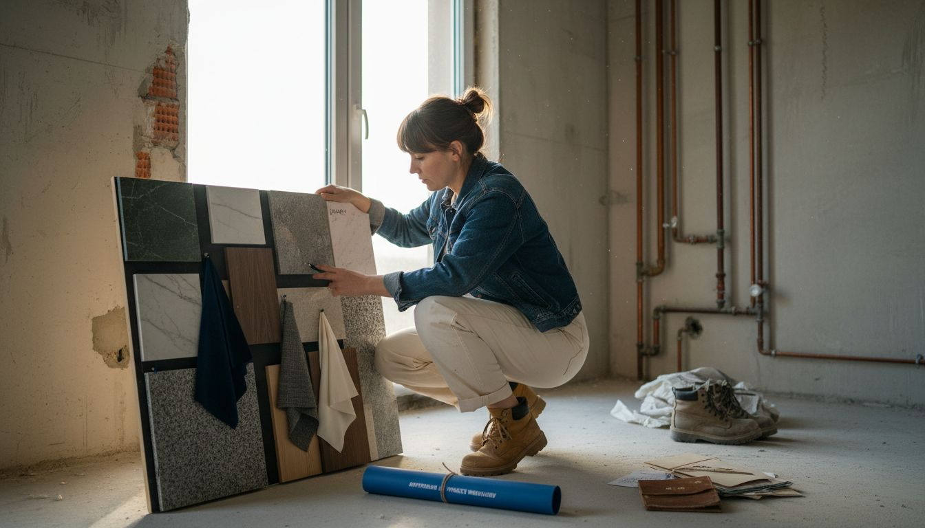 Designerul analizează materiale de top pentru renovare, alegând cu atenție soluțiile cele mai calitative.