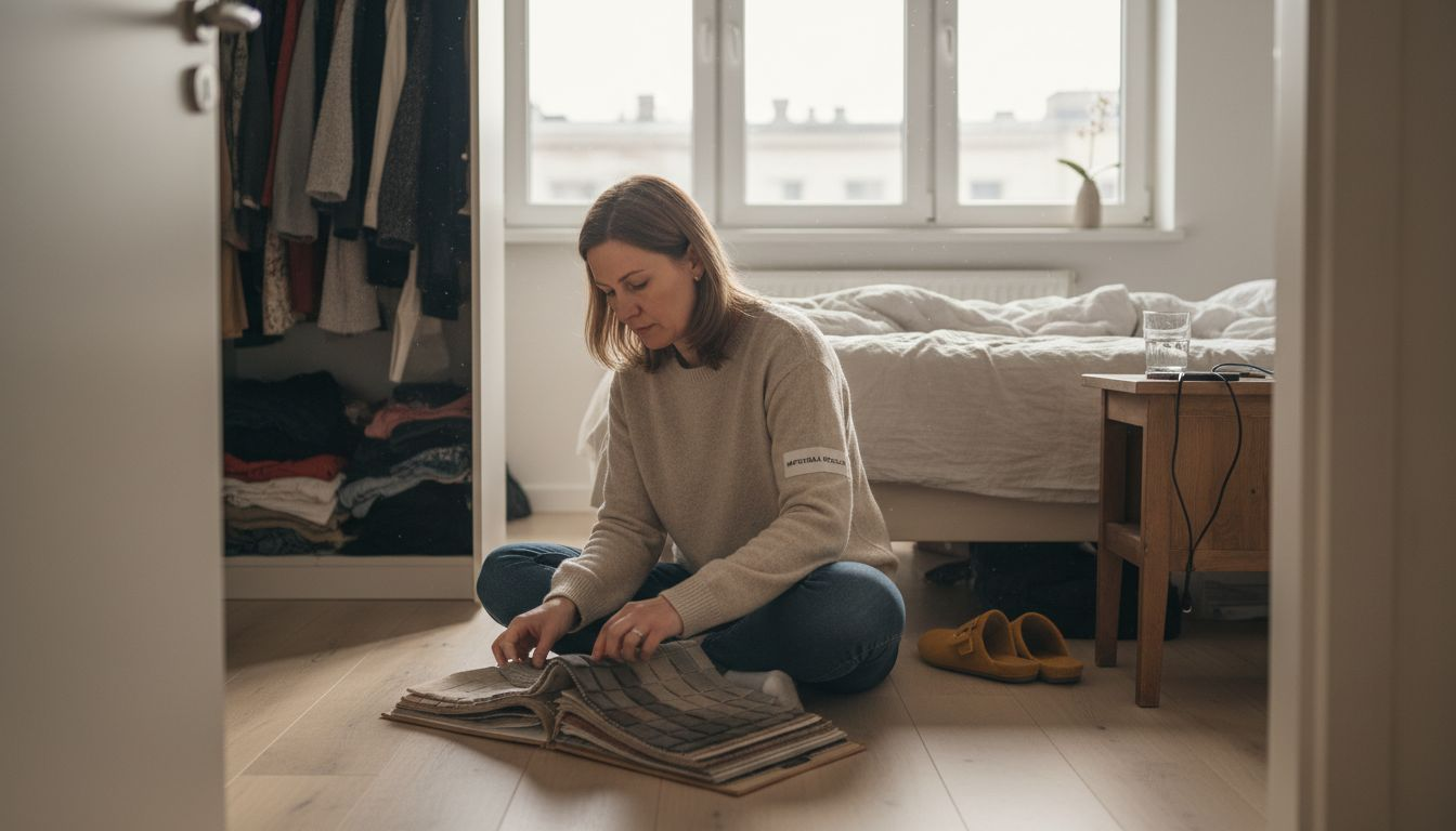 O femeie își sortează hainele lângă dulapul deschis din dormitor.