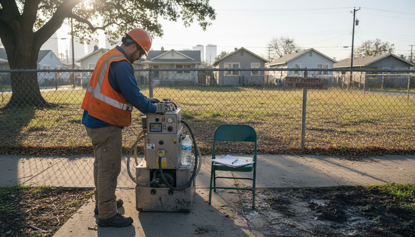 Technician operating remediation unit near homes