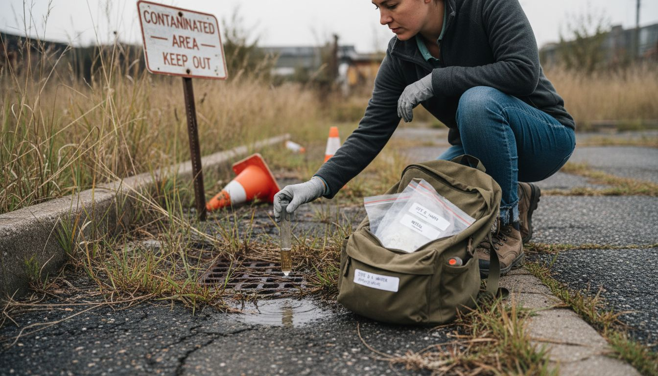 Scientist collecting water sample at brownfield site