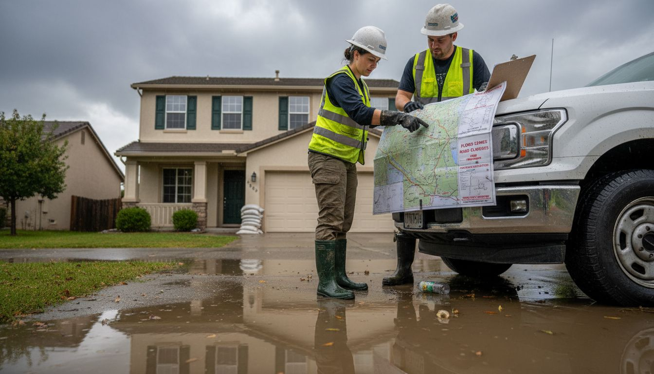 Utility workers coordinating flood plumbing response
