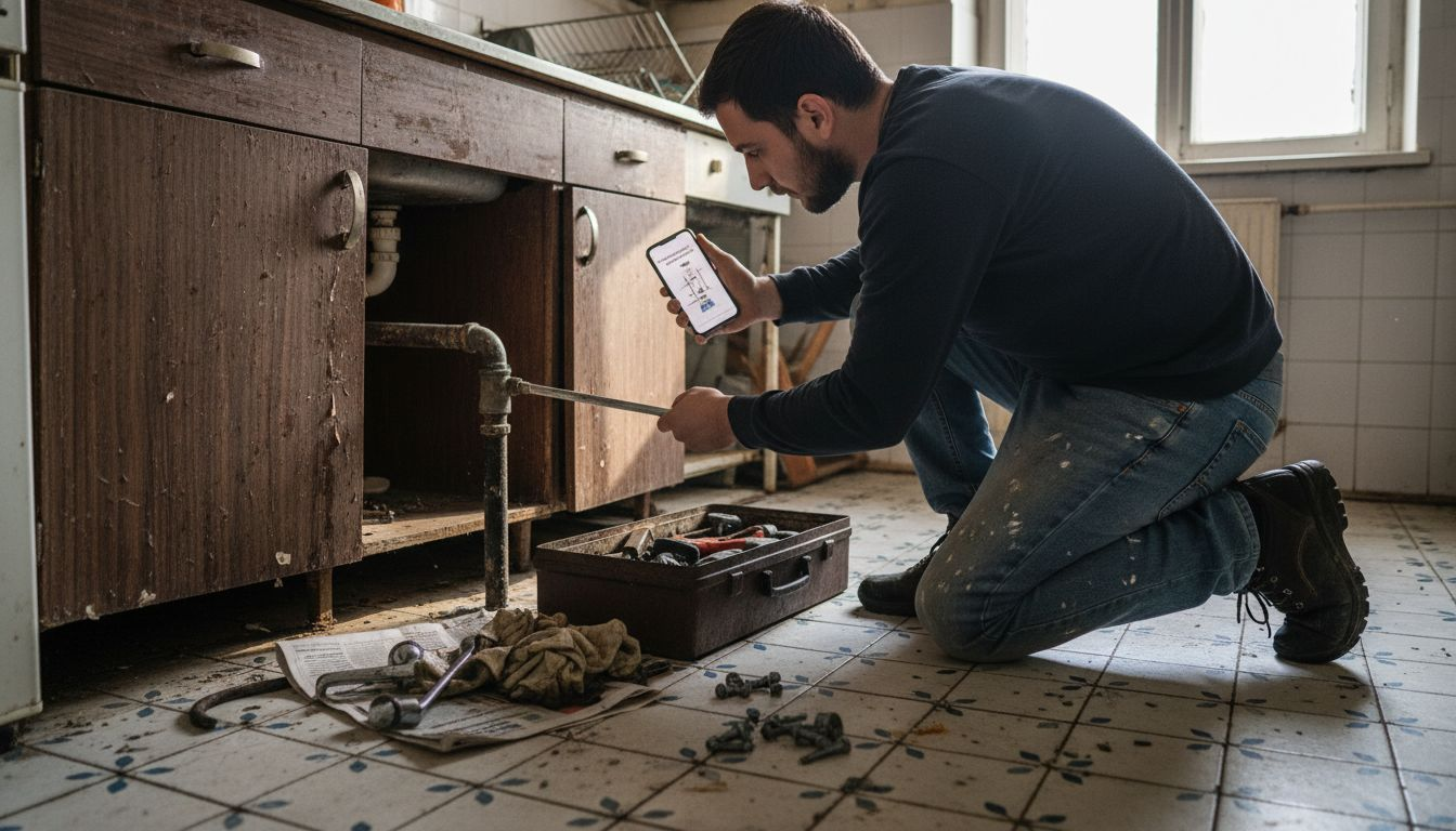 Meșterul lucrează la repararea țevilor din bucătărie, în cadrul unei renovări.