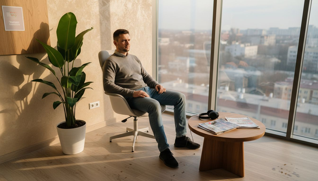 Un pacient așteaptă liniștit într-un cabinet stomatologic primitor, unde atmosfera relaxantă îi oferă confort înaintea consultației.