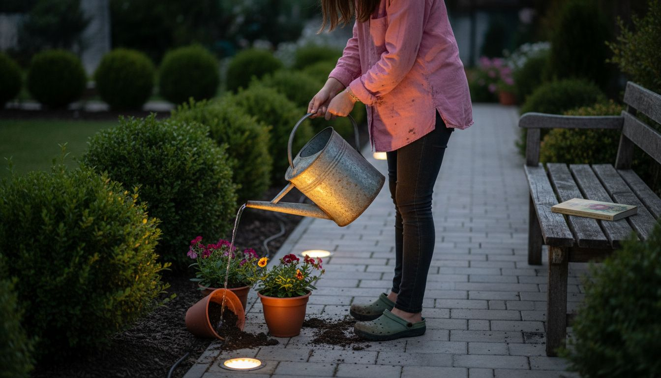 O femeie stropește florile din grădină, chiar lângă o alee luminată de felinare.