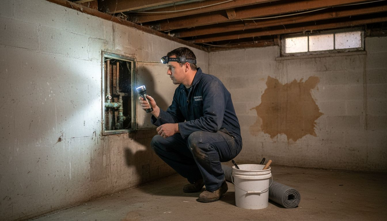 Technician inspecting basement pipes