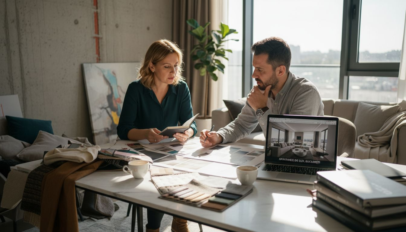 Designerul și beneficiarul discută împreună detaliile unui proiect de amenajare interioară de lux.