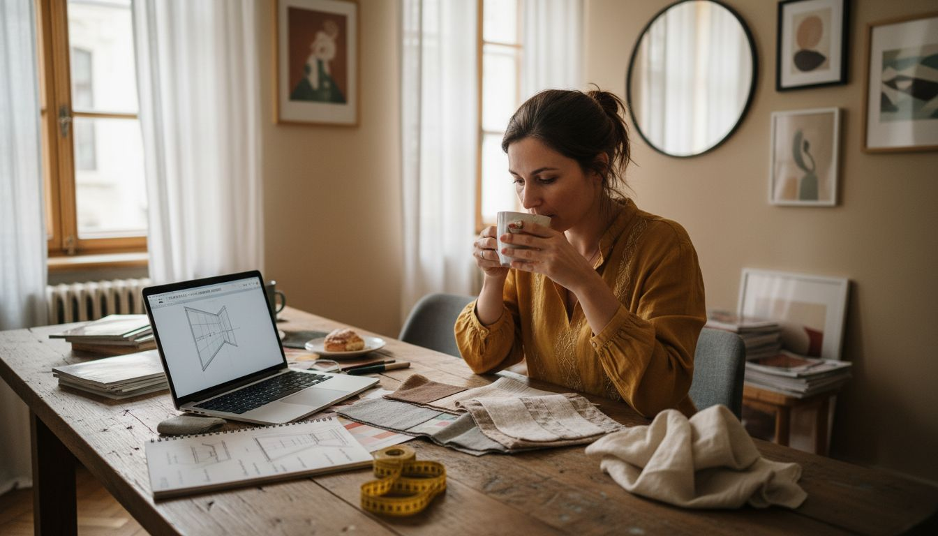 Designerul de interior analizează mostrele de materiale pentru a alege cele mai potrivite texturi și culori în amenajarea spațiului.