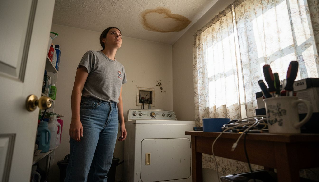 Woman notices water stain laundry ceiling