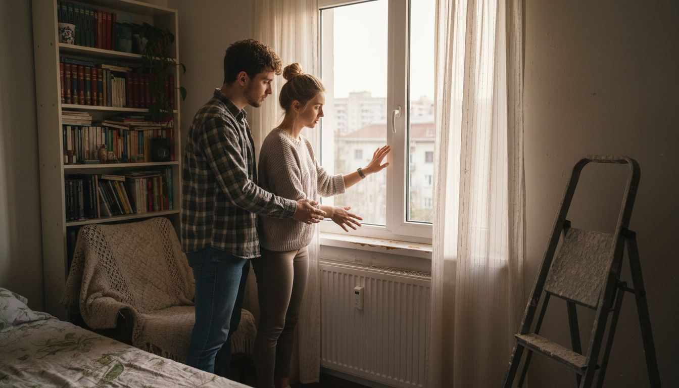 Un cuplu analizează ferestrele apartamentului, pentru a vedea cât de bine izolează și cât de eficiente energetic sunt.
