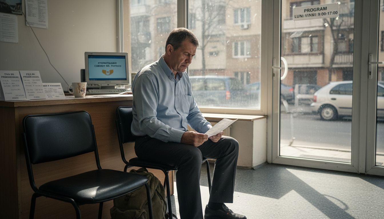 Pacient care așteaptă cu emoții și teamă pe holul cabinetului stomatologic.