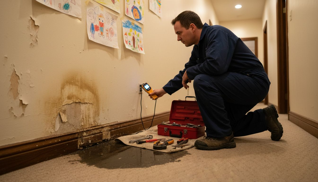 Plumber inspecting household water damage wall