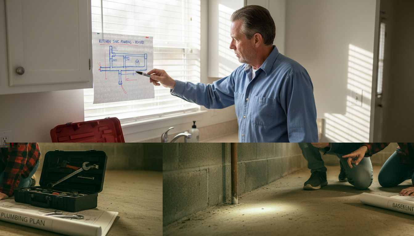 Couple inspecting home plumbing pipes in basement