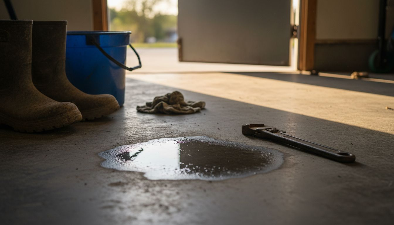 Water stain on concrete floor near tools