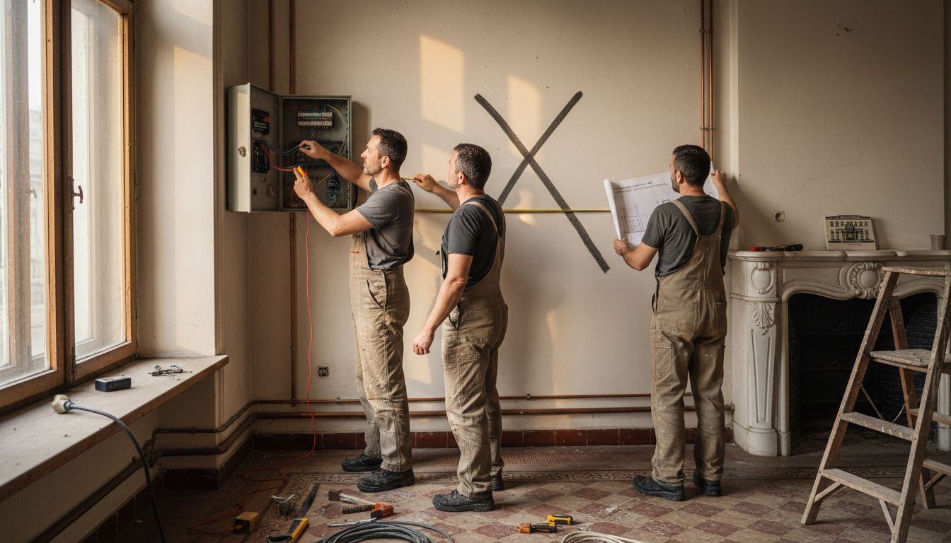 Echipă de renovare care lucrează într-un apartament modern și elegant