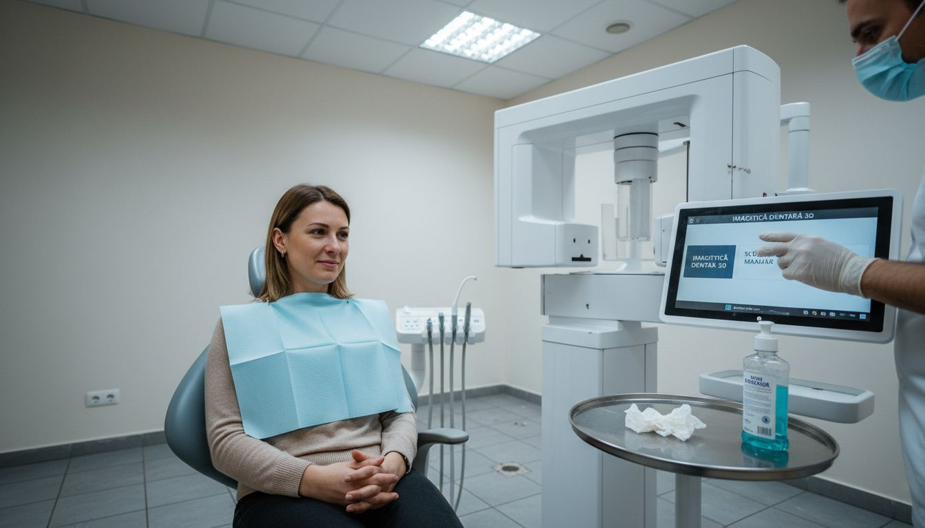 Pacient emoționat într-un cabinet stomatologic modern, dotat cu tehnologie 3D