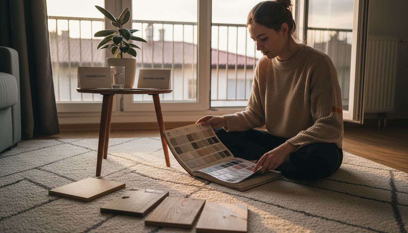 O tânără studiază cu atenție mostrele pentru decorarea spațiului.