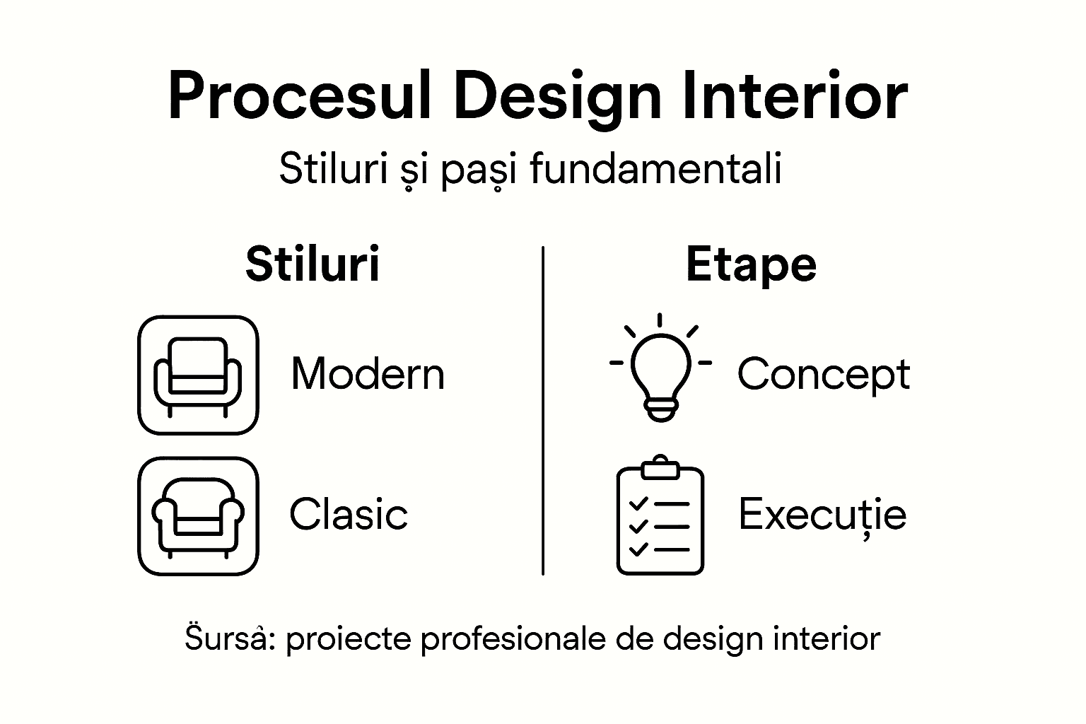 Infografic care ilustrează etapele procesului de design și diversele stiluri abordate