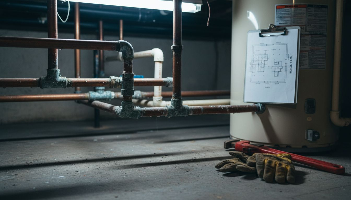 Exposed pipes and blueprint in basement utility room
