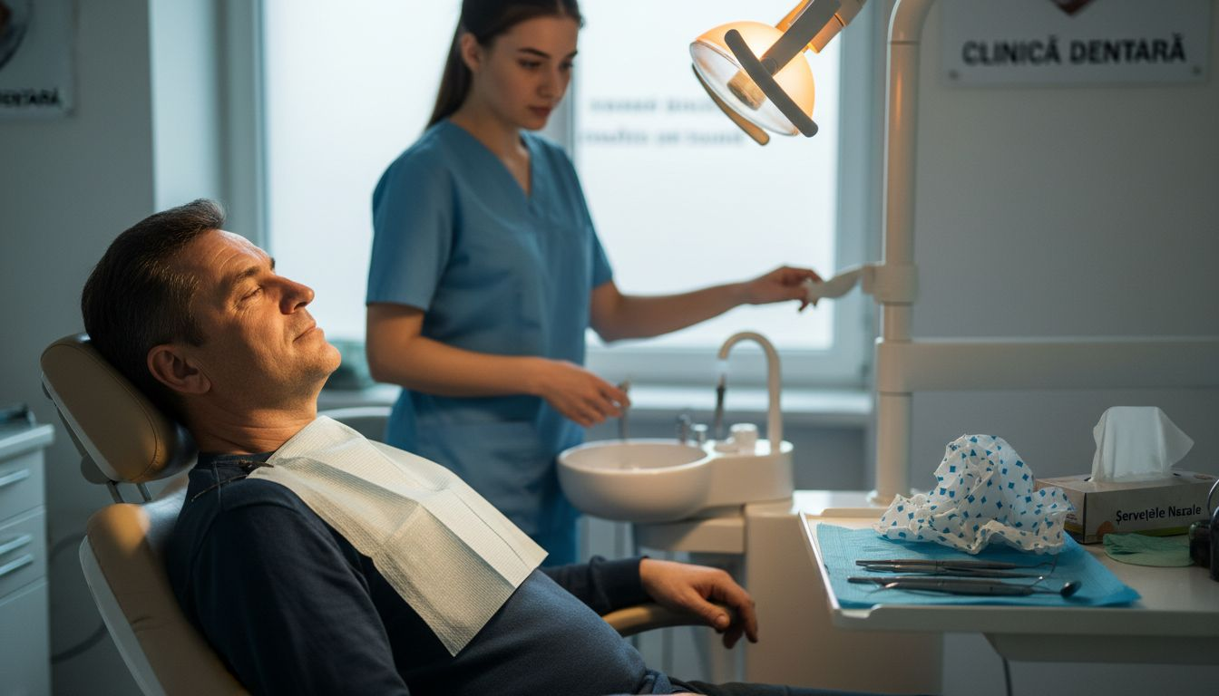 Rolul hipnozei medicale în stomatologie modernă 2 Pacientul încearcă să se relaxeze pe scaunul stomatologic, pregătindu-se pentru procedură.