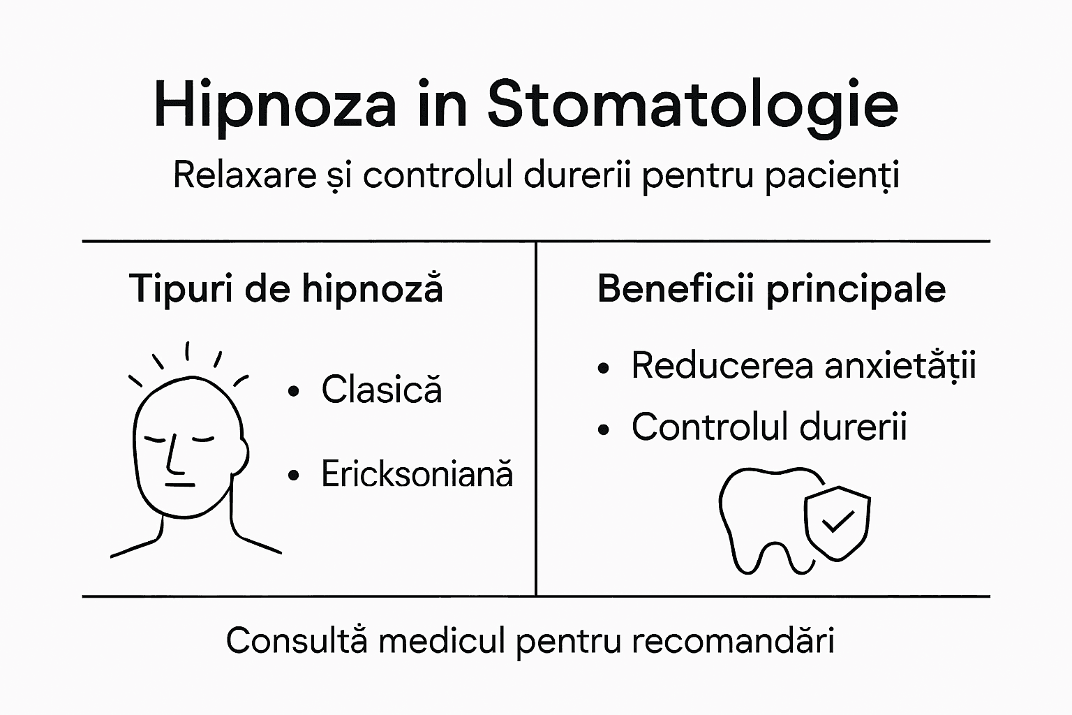 Rolul hipnozei medicale în stomatologie modernă 1 Descoperă, într-un infografic util, ce tipuri de hipnoză dentară există și cum te pot ajuta acestea la stomatolog.