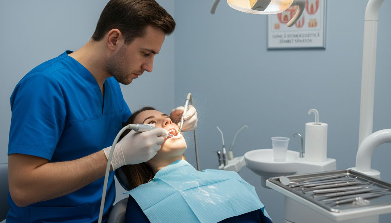 Medicul stomatolog efectuează o curățare profesională a dinților, pentru a elimina placa bacteriană și a reda strălucirea zâmbetului.