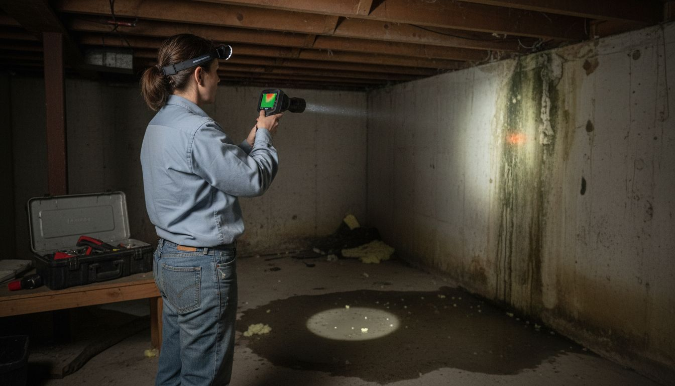 Technician inspecting wall with thermal camera