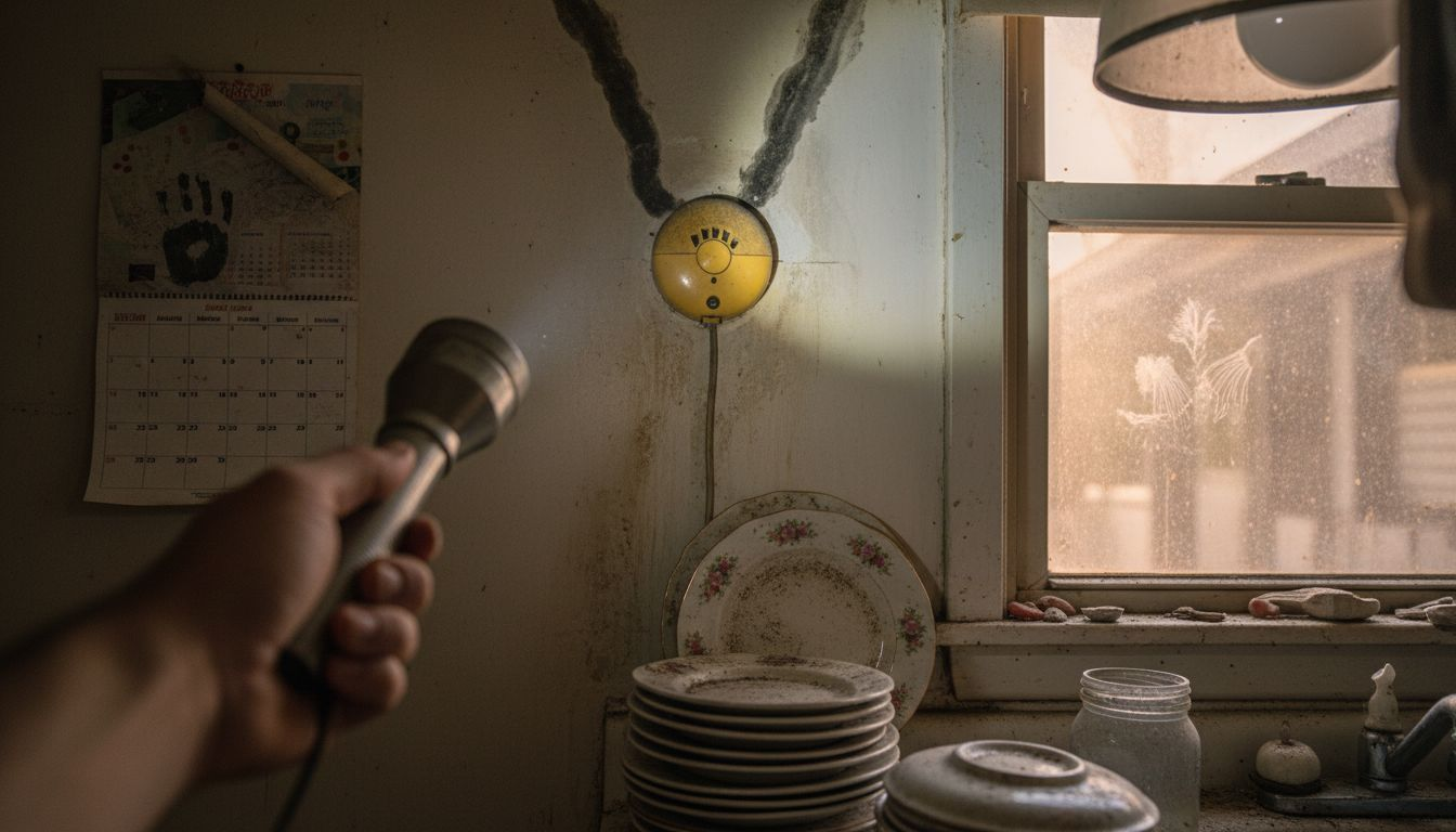 Flashlight highlighting soot stains on kitchen wall