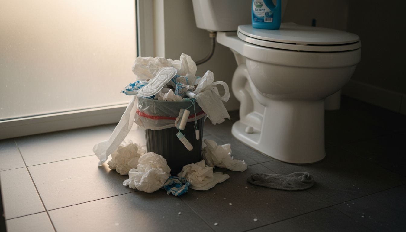 Overflowing bathroom trash can with wipes