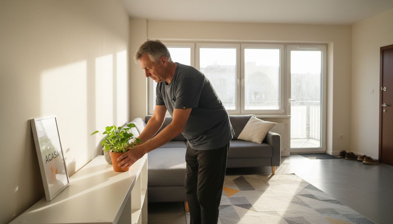 Living modern, amenajat în stil minimalist, cu o bibliotecă elegantă și un covor care adaugă un plus de confort.