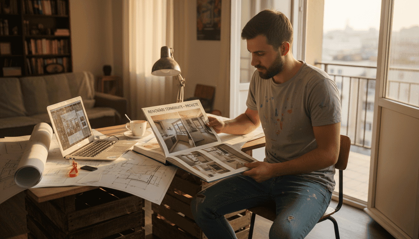 Clientul analizează portofoliul de lucrări pentru renovarea locuinței.