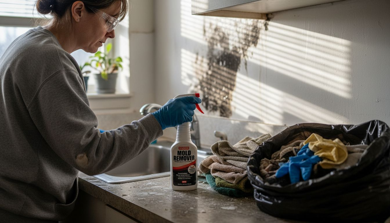 Woman cleaning mold from kitchen drywall