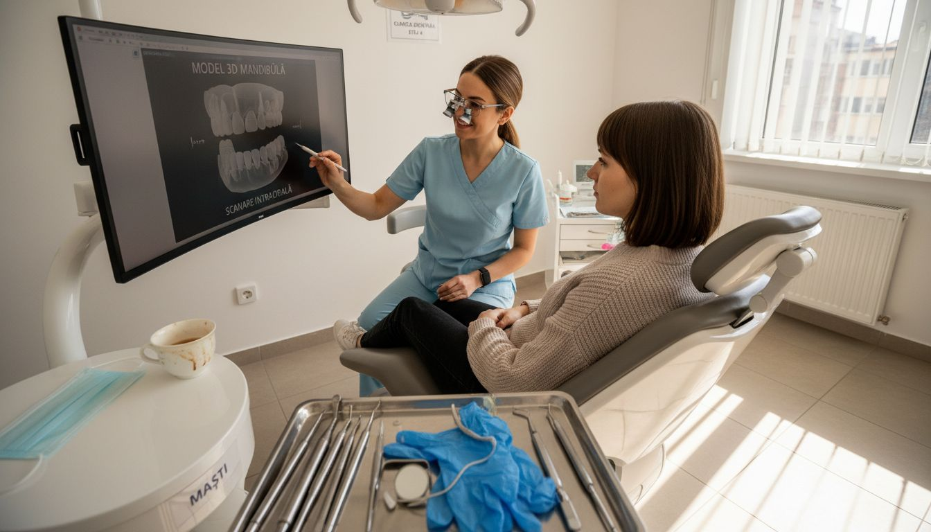 Un pacient urmărește cu interes o demonstrație modernă de stomatologie.