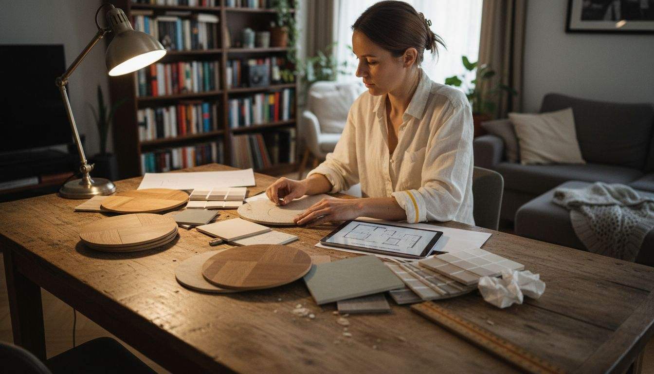 Designerul examinează mostrele de materiale pentru renovare, analizând atent fiecare detaliu înainte de a lua o decizie.