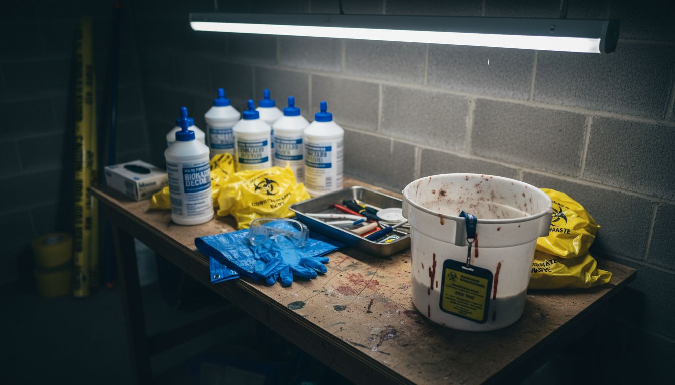 Table with forensic cleaning supplies and gear