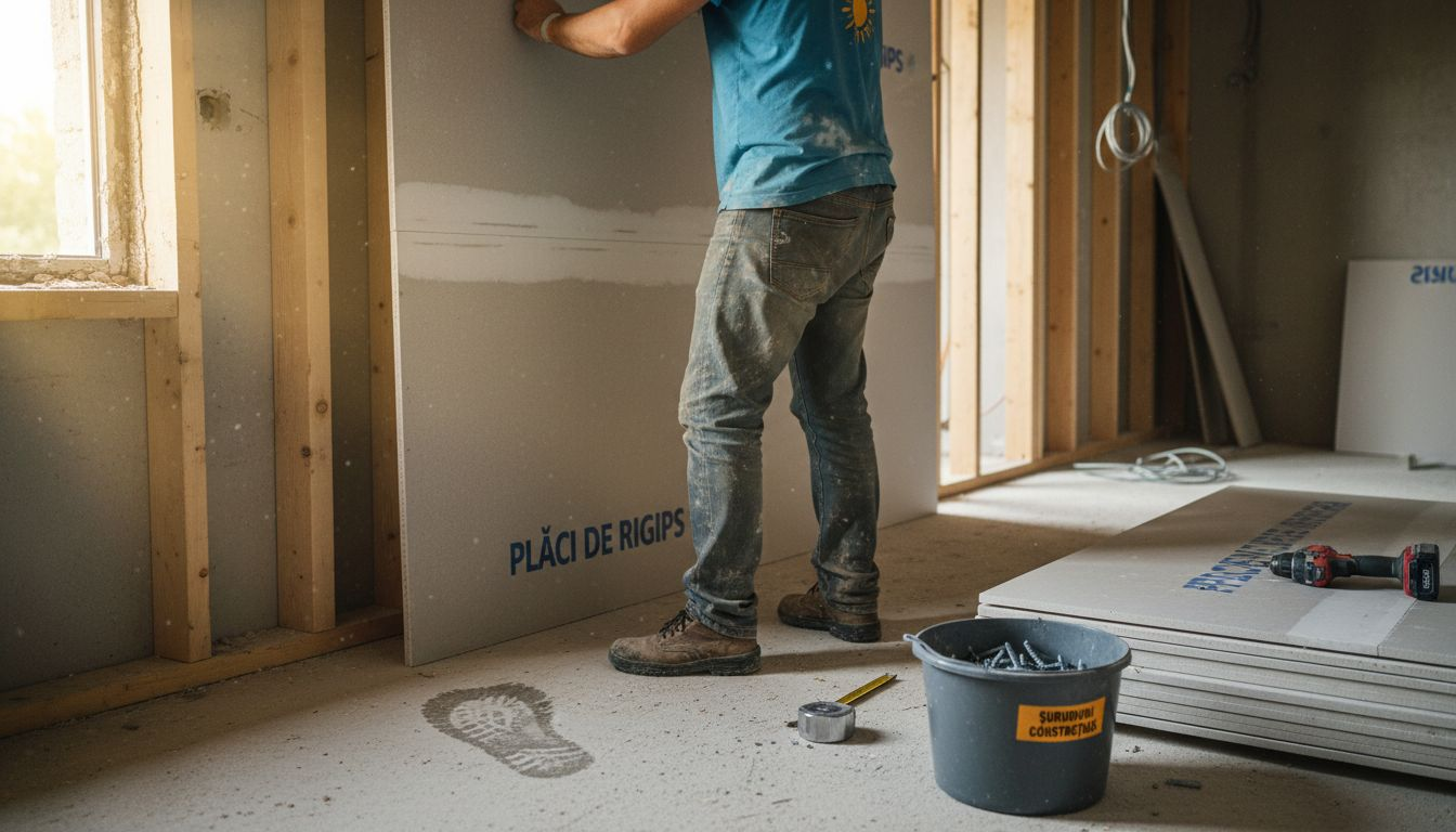 Muncitor montând plăci de rigips pentru un perete despărțitor la interior