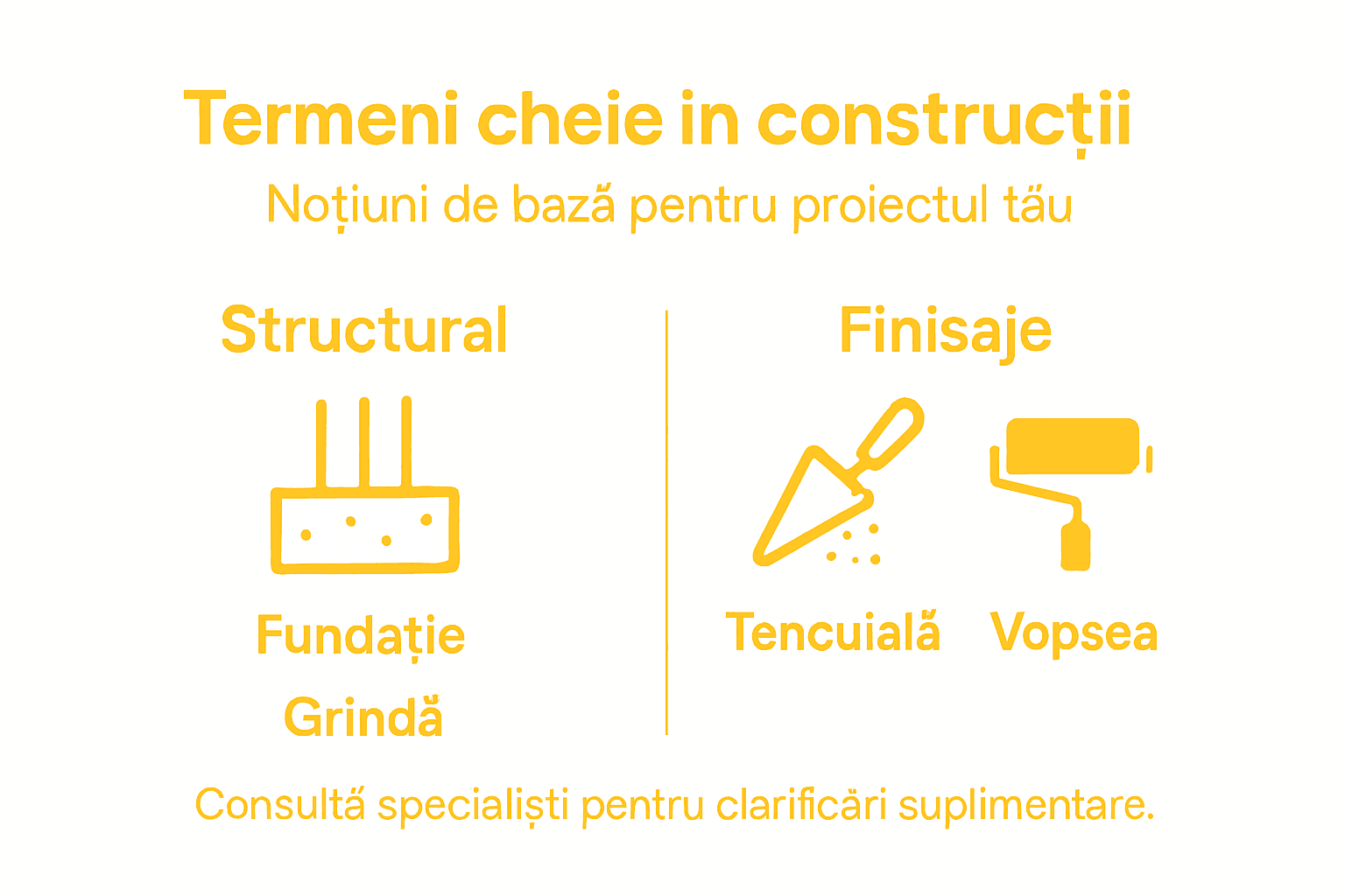 Infografic despre cei mai importanți termeni din domeniul construcțiilor, grupați pe principalele categorii