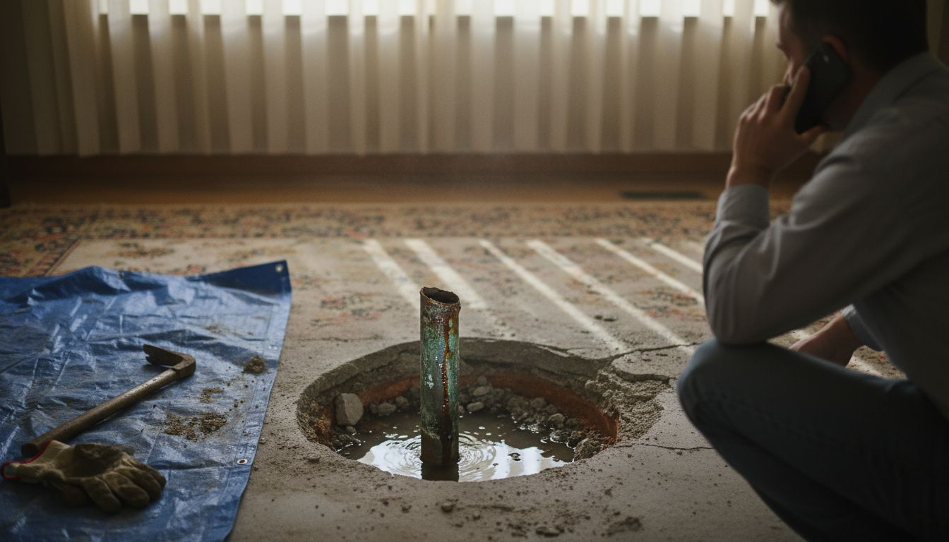 Exposed corroded pipe under broken floor