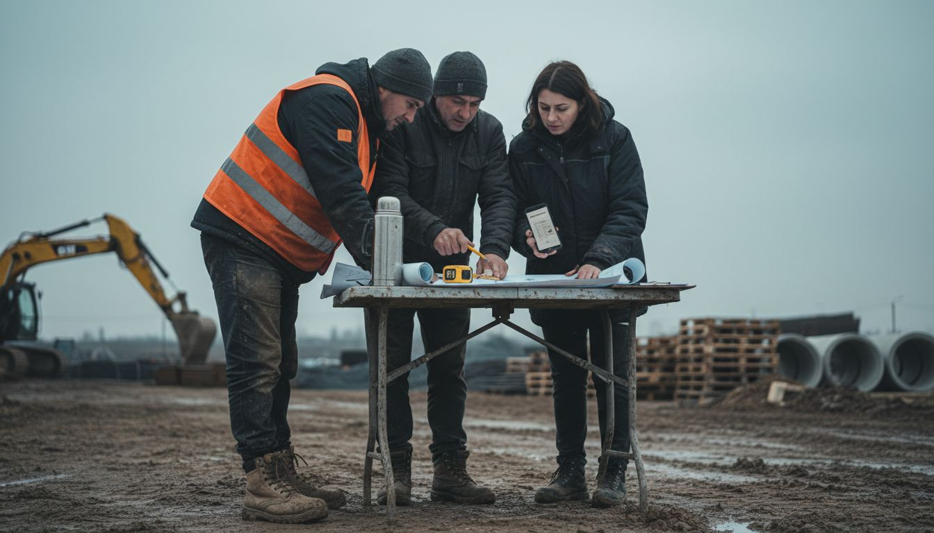 Echipa analizează planurile în timp ce se află lângă o fundație plină de noroi.