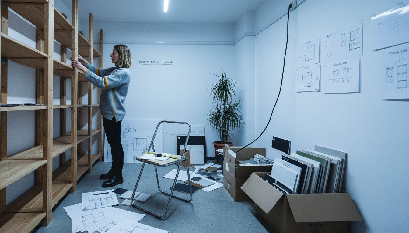 Designerul verifică distanța dintre rafturi pentru a se asigura că totul se potrivește perfect.