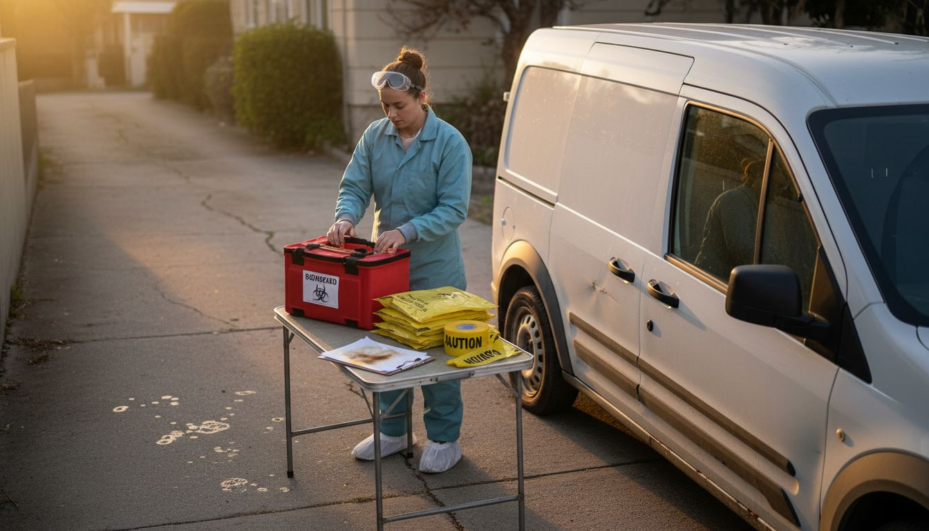Worker preparing trauma cleaning equipment outside home