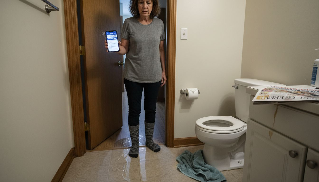 Worried homeowner faces bathroom plumbing emergency